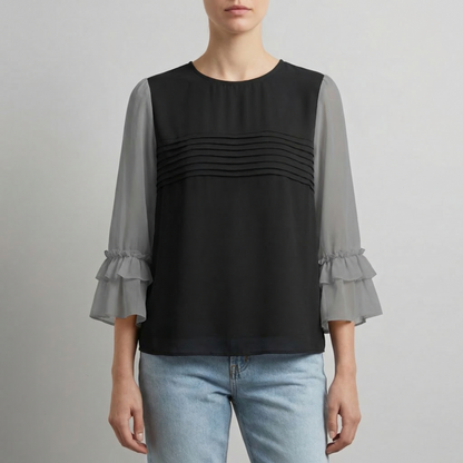 Women's Patchwork Work Blouse Cotton Blend Ruffled O-Neck – Celeste