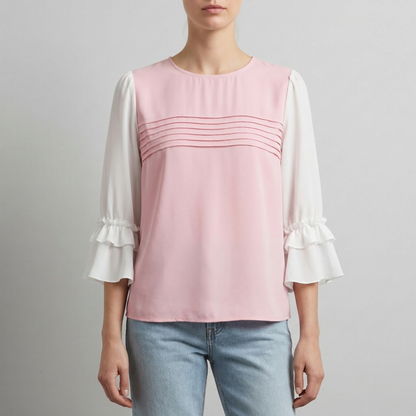 Women's Patchwork Work Blouse Cotton Blend Ruffled O-Neck – Celeste
