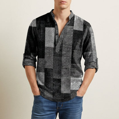 Men's Colour Block Henley Shirt Cotton Blend Patchwork Stand Collar – Rowan