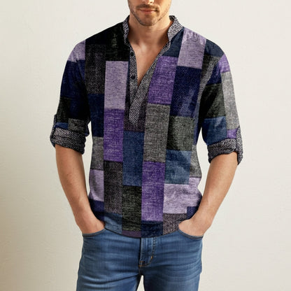 Men's Colour Block Henley Shirt Cotton Blend Patchwork Stand Collar – Rowan