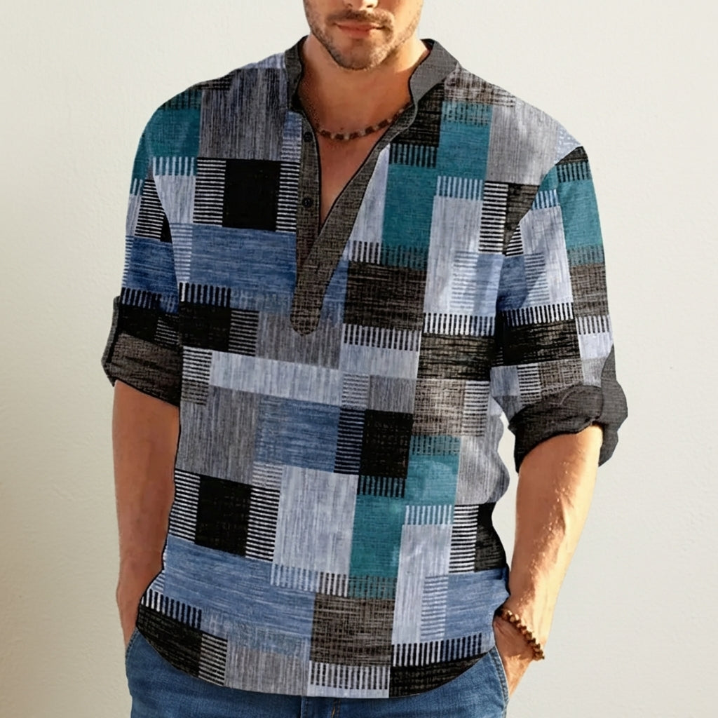 Men's Colour Block Henley Shirt Cotton Blend Patchwork Stand Collar – Rowan