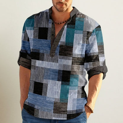 Men's Colour Block Henley Shirt Cotton Blend Patchwork Stand Collar – Rowan