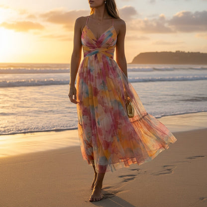 Women's Cotton Blend Maxi Dress V-Neck Sleeveless Hollow-Out – Elara