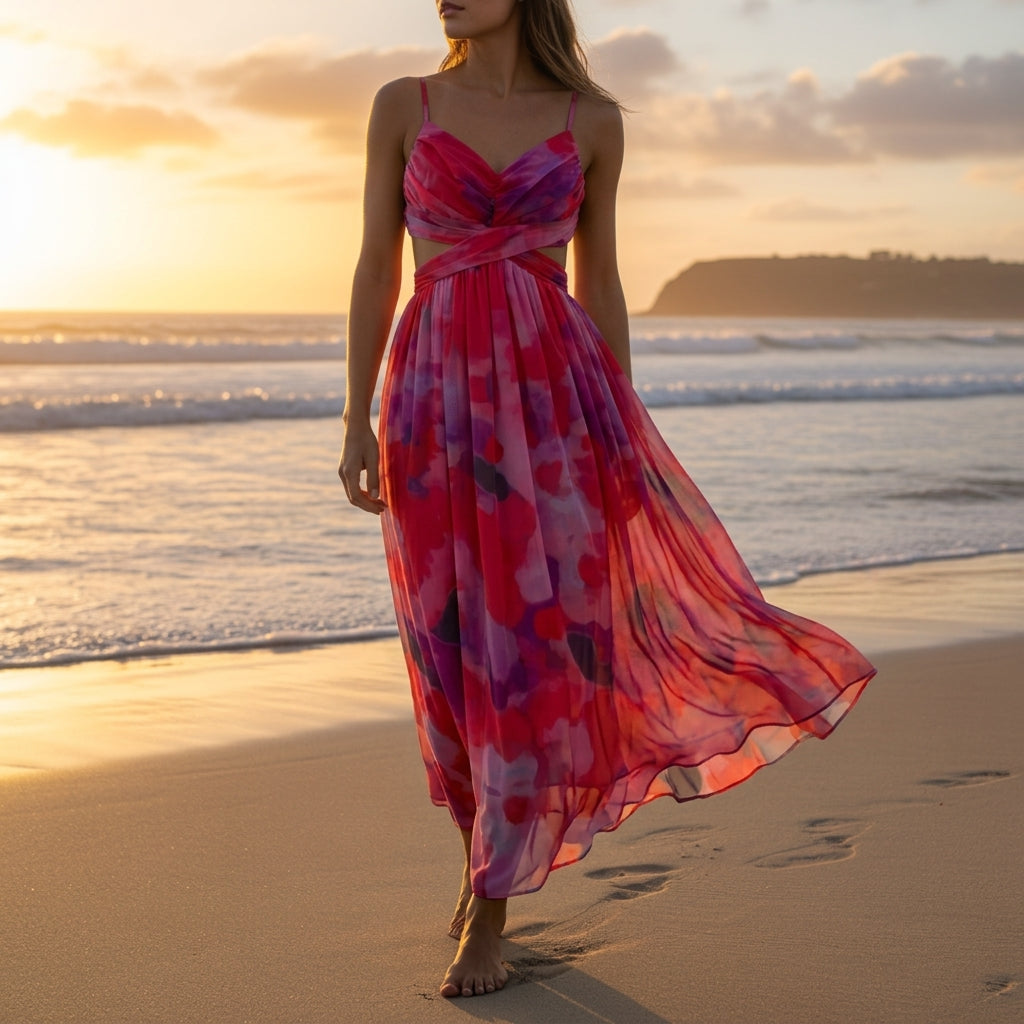 Women's Cotton Blend Maxi Dress V-Neck Sleeveless Hollow-Out – Elara