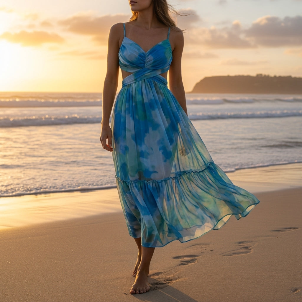 Women's Cotton Blend Maxi Dress V-Neck Sleeveless Hollow-Out – Elara