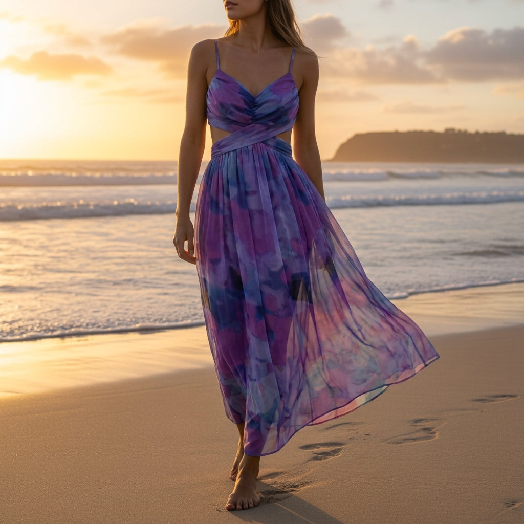 Women's Cotton Blend Maxi Dress V-Neck Sleeveless Hollow-Out – Elara