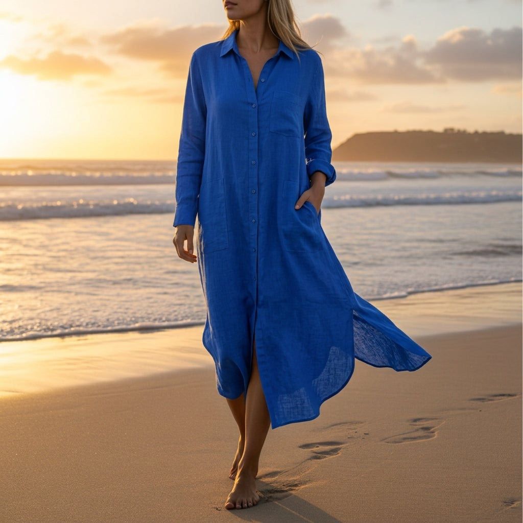 Women's Cotton Linen Beach Cover Up Maxi Dress Long Sleeve – Marlowe