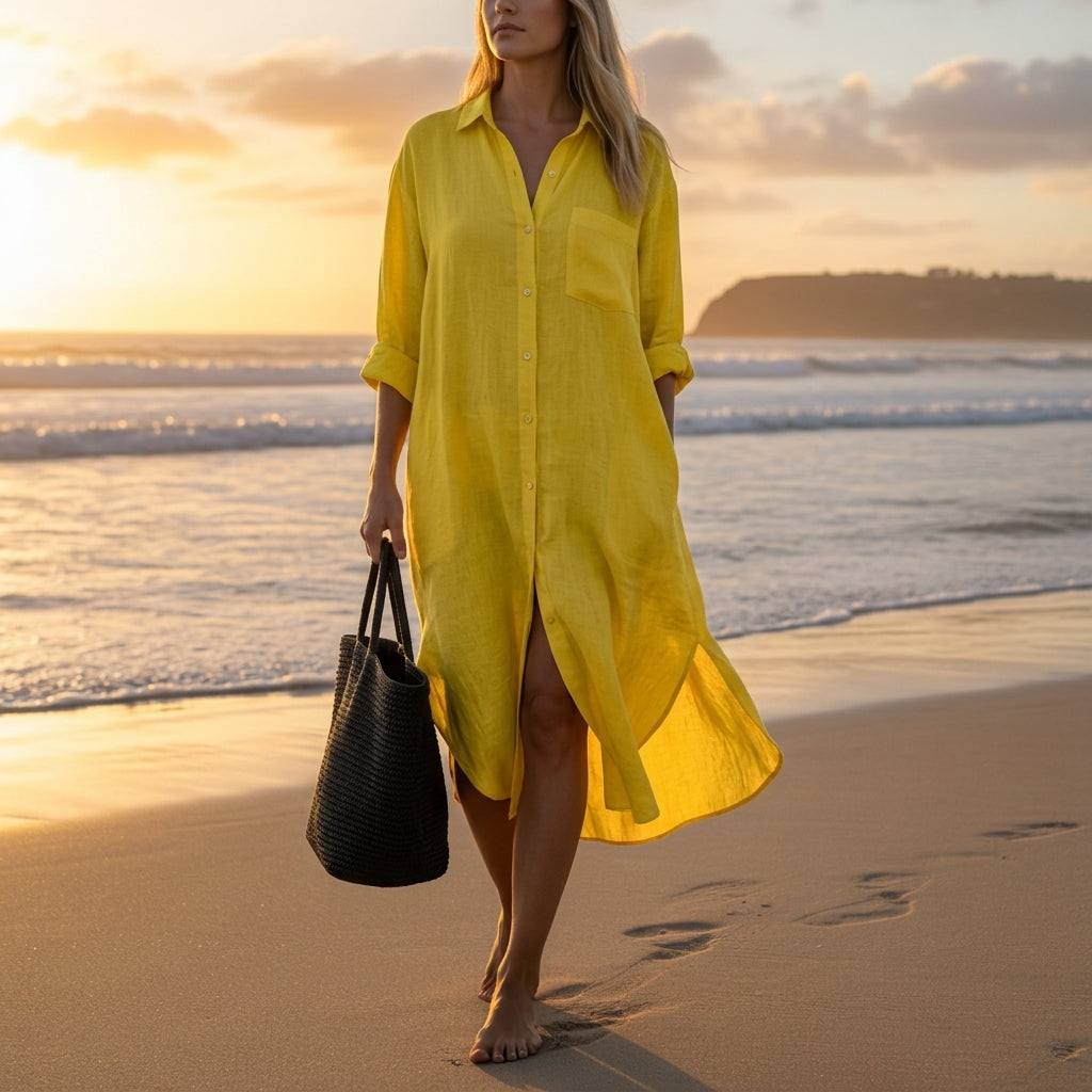 Women's Cotton Linen Beach Cover Up Maxi Dress Long Sleeve – Marlowe