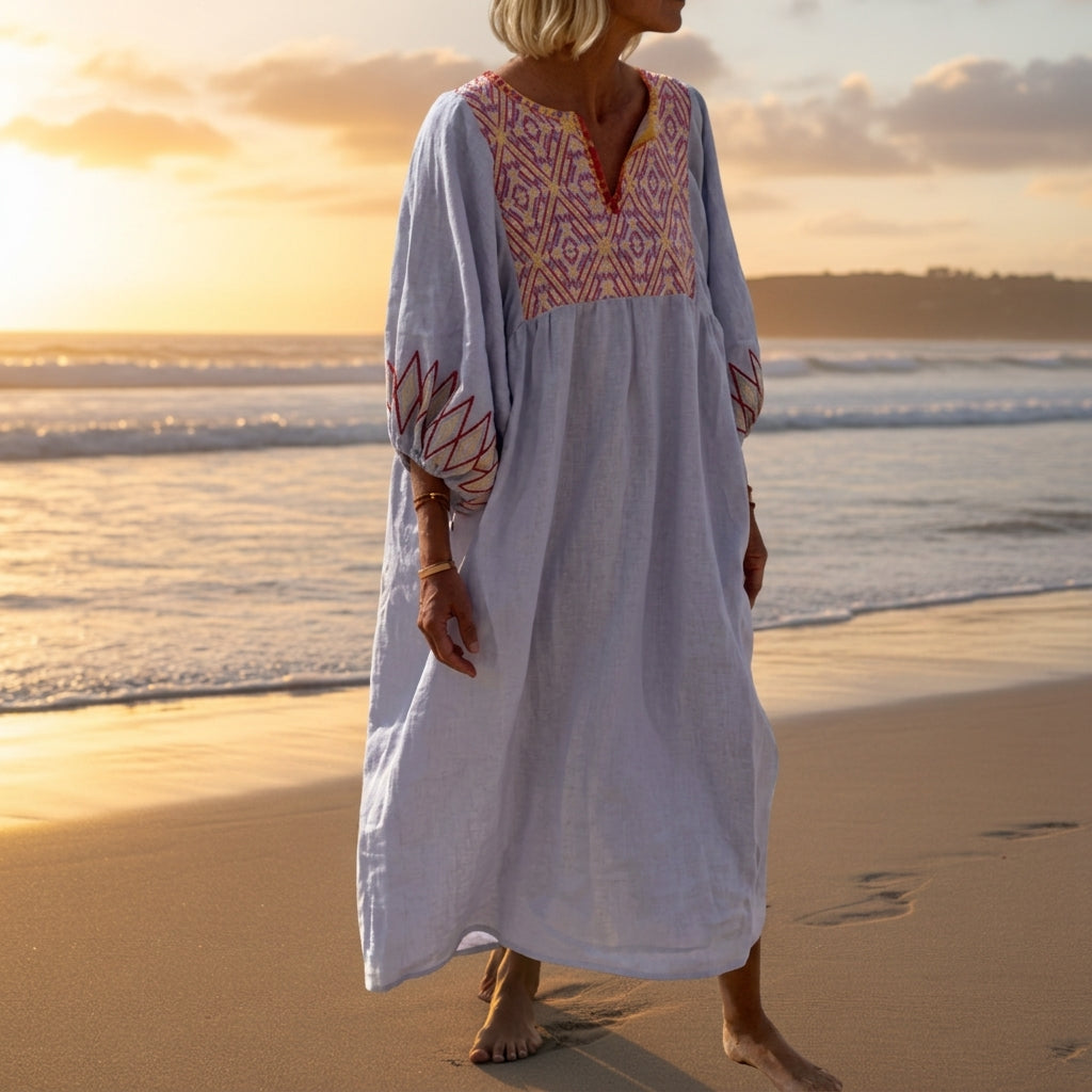 Women's Bohemian Patchwork Dress Deep V Neck Cotton Blend – Elara
