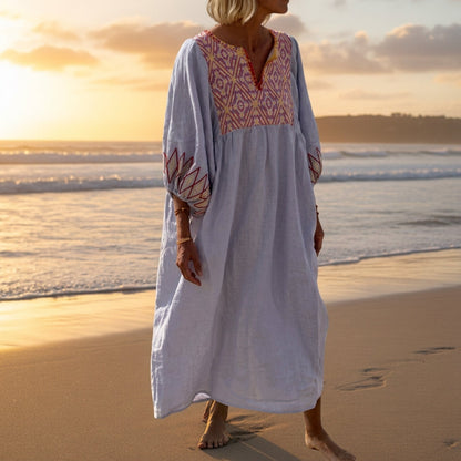 Women's Bohemian Patchwork Dress Deep V Neck Cotton Blend – Elara