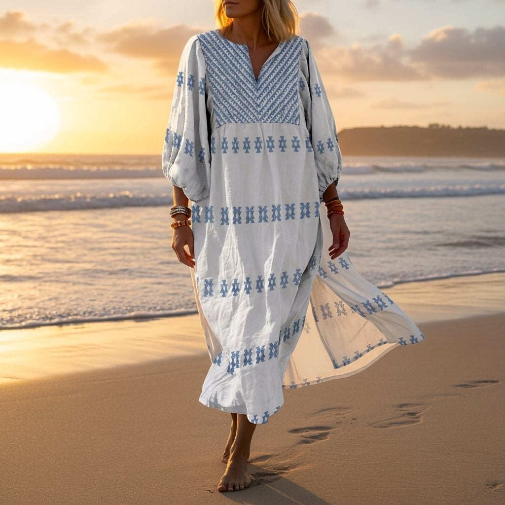 Women's Bohemian Patchwork Dress Deep V Neck Cotton Blend – Elara