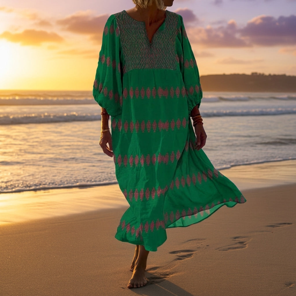 Women's Bohemian Patchwork Dress Deep V Neck Cotton Blend – Elara