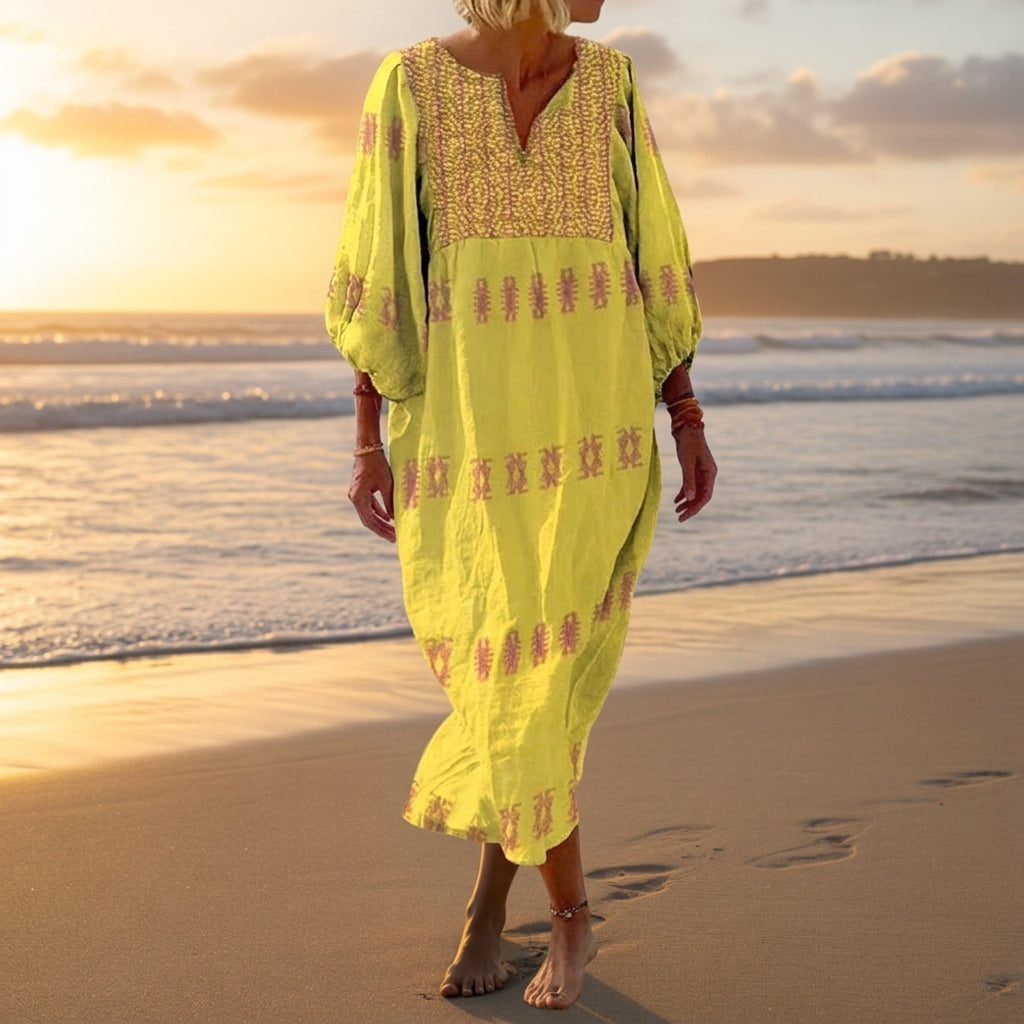 Women's Bohemian Patchwork Dress Deep V Neck Cotton Blend – Elara
