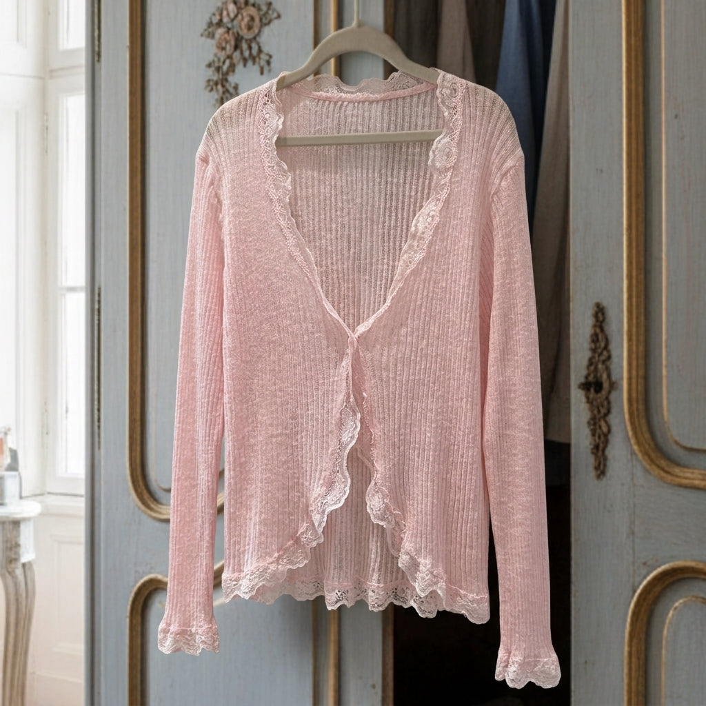 Women's Lace Trim Cotton Blend Cardigan V-Neck Button Front – Elara
