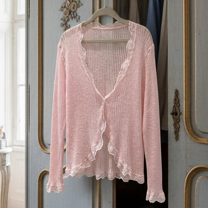 Women's Lace Trim Cotton Blend Cardigan V-Neck Button Front – Elara