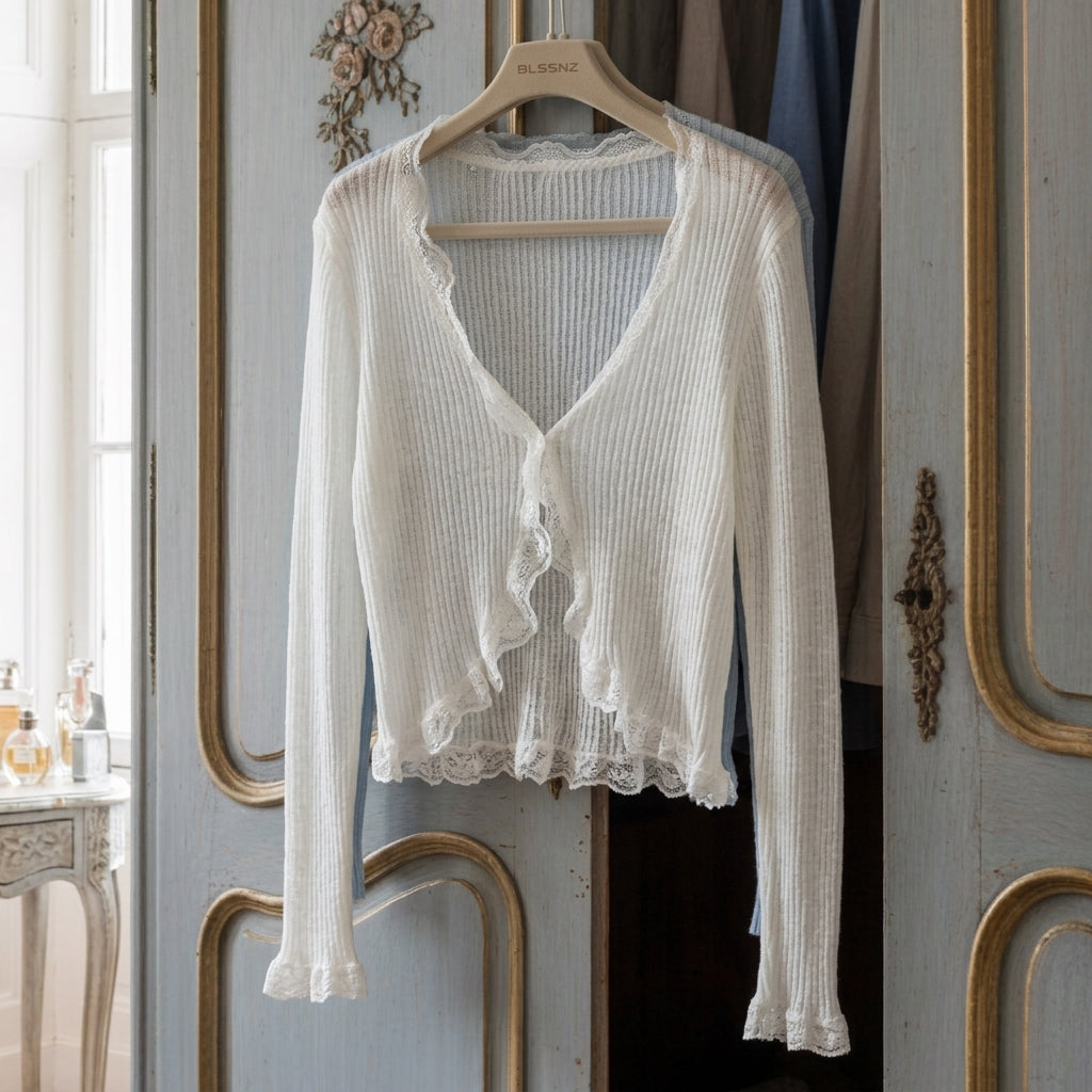 Women's Lace Trim Cotton Blend Cardigan V-Neck Button Front – Elara