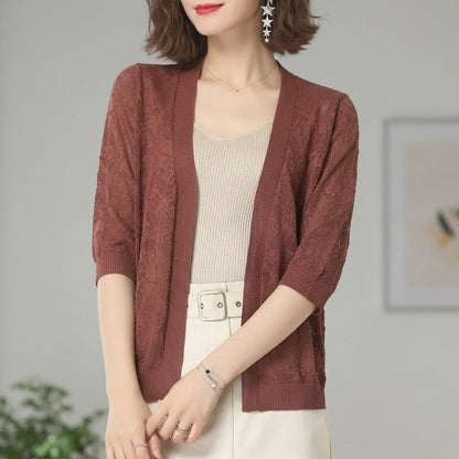 Women's Lace Knit Cardigan Cropped Cotton Blend Half Sleeve – Elara