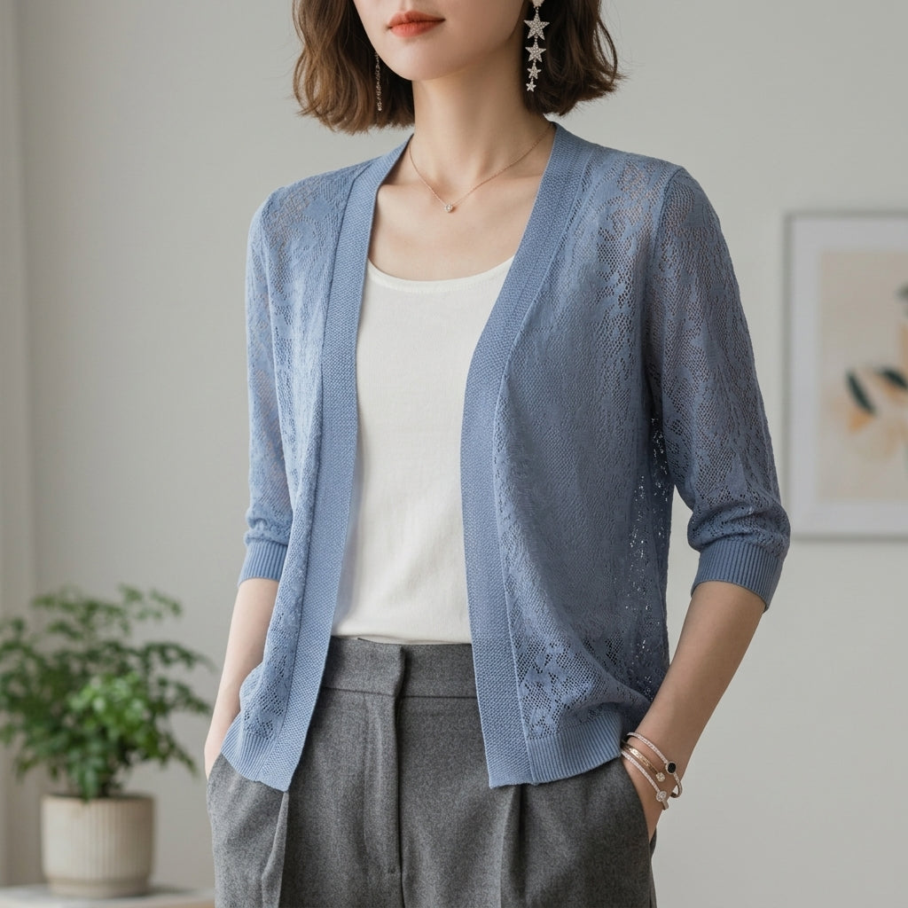 Women's Lace Knit Cardigan Cropped Cotton Blend Half Sleeve – Elara