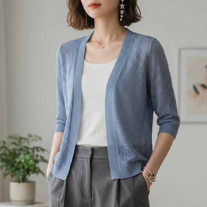 Women's Lace Knit Cardigan Cropped Cotton Blend Half Sleeve – Elara