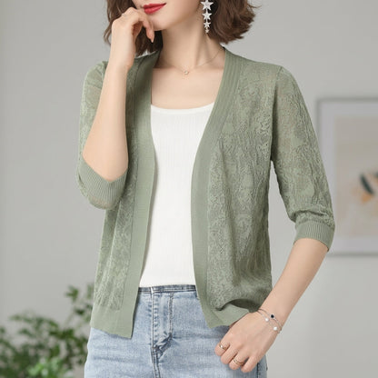 Women's Lace Knit Cardigan Cropped Cotton Blend Half Sleeve – Elara