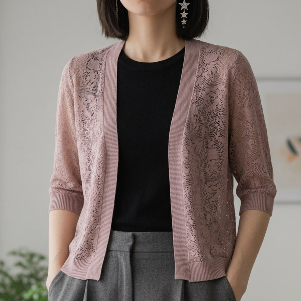 Women's Lace Knit Cardigan Cropped Cotton Blend Half Sleeve – Elara