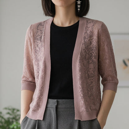 Women's Lace Knit Cardigan Cropped Cotton Blend Half Sleeve – Elara