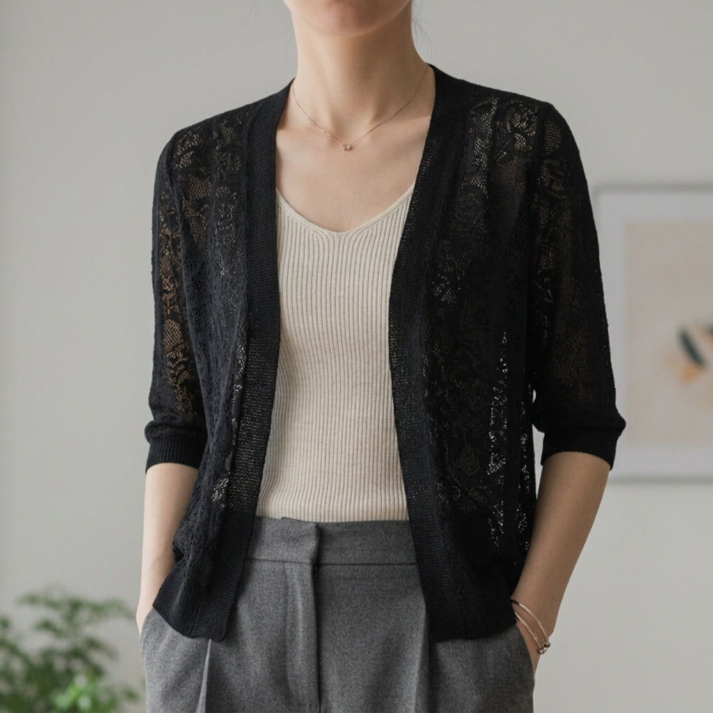 Women's Lace Knit Cardigan Cropped Cotton Blend Half Sleeve – Elara