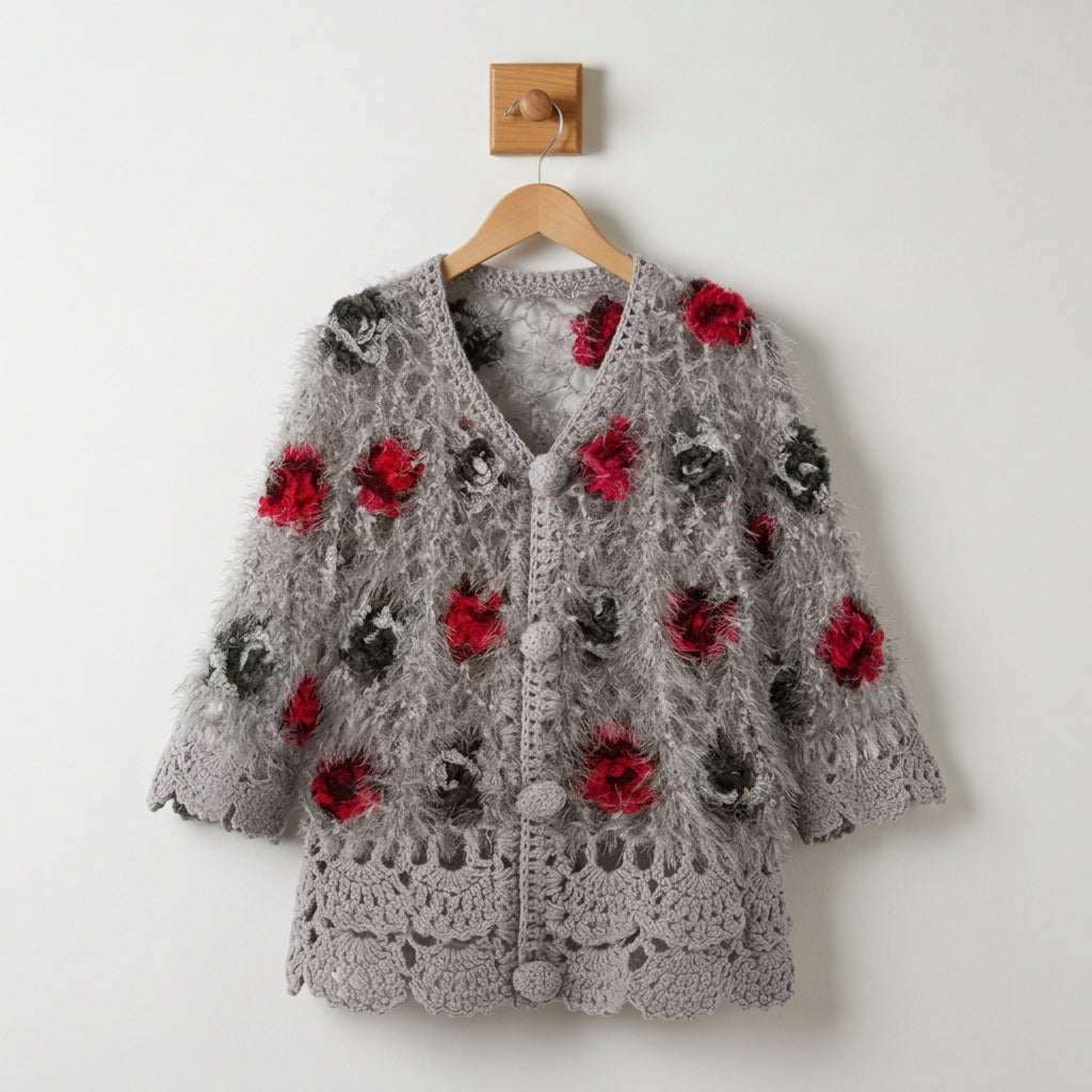 Crocheted Cardigan 3XL Cotton Blend 3D Flower Openwork – Marielle