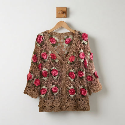 Crocheted Cardigan 3XL Cotton Blend 3D Flower Openwork – Marielle