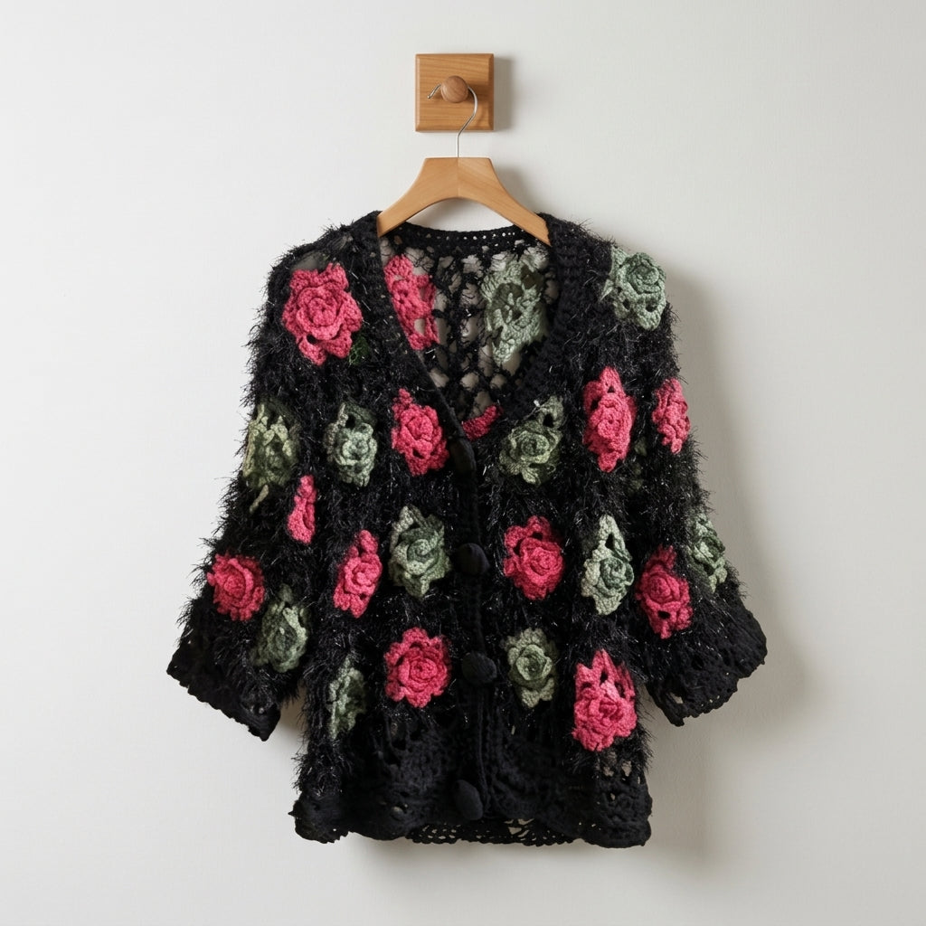 Crocheted Cardigan 3XL Cotton Blend 3D Flower Openwork – Marielle