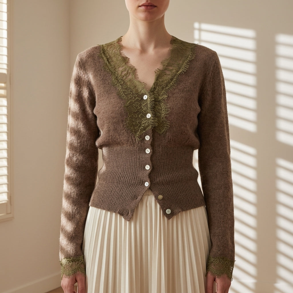 Women’s Lace Patchwork Cardigan Cotton Blend Button Front – Elara