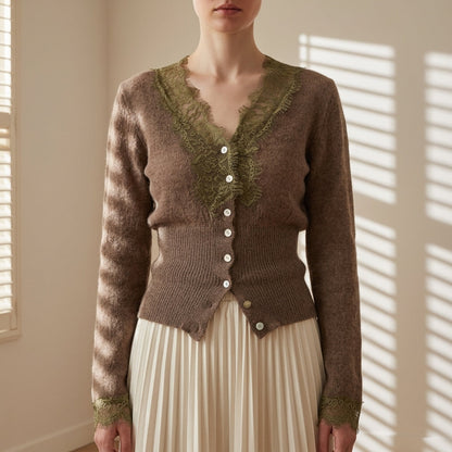 Women’s Lace Patchwork Cardigan Cotton Blend Button Front – Elara