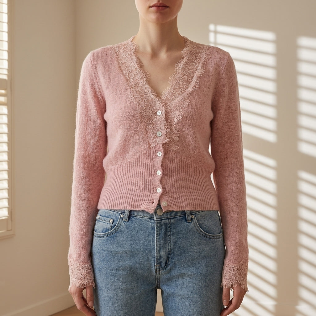 Women’s Lace Patchwork Cardigan Cotton Blend Button Front – Elara