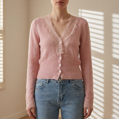 Women’s Lace Patchwork Cardigan Cotton Blend Button Front – Elara