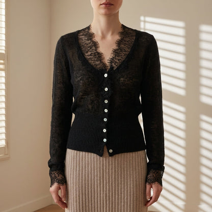 Women’s Lace Patchwork Cardigan Cotton Blend Button Front – Elara