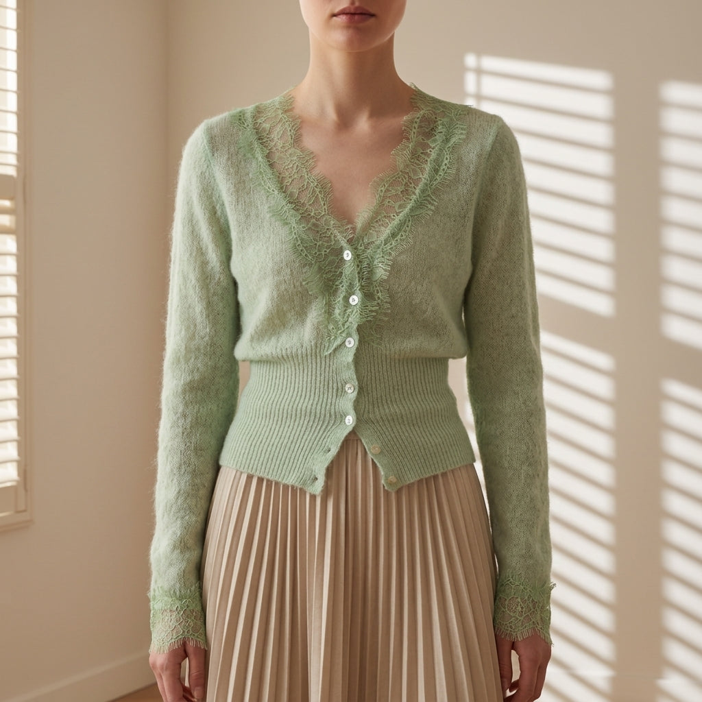 Women’s Lace Patchwork Cardigan Cotton Blend Button Front – Elara