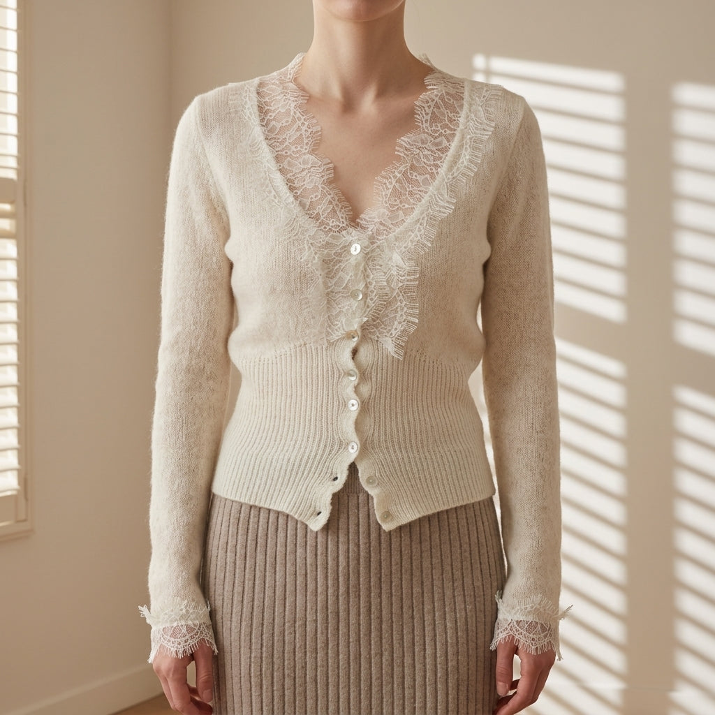 Women’s Lace Patchwork Cardigan Cotton Blend Button Front – Elara