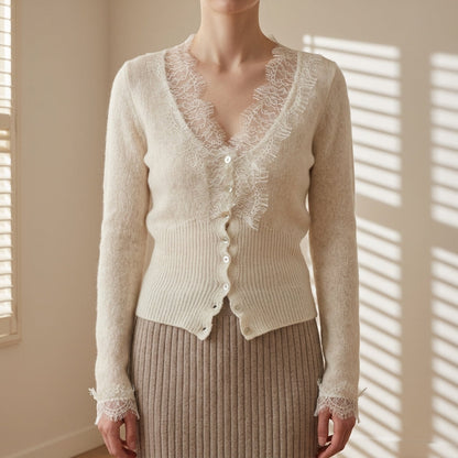 Women’s Lace Patchwork Cardigan Cotton Blend Button Front – Elara