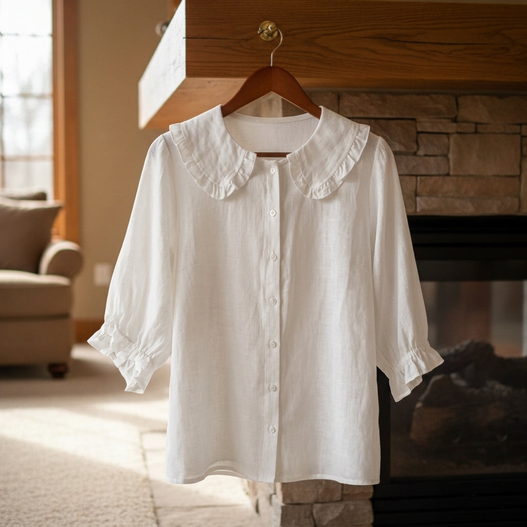 Women's Cotton Linen Ruffle Neck Shirt Loose Fit – Barcelona