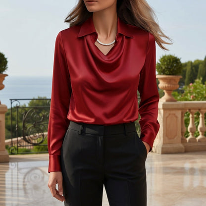 Women's Satin Blouse Draped Collar Elegant Fit – Elara