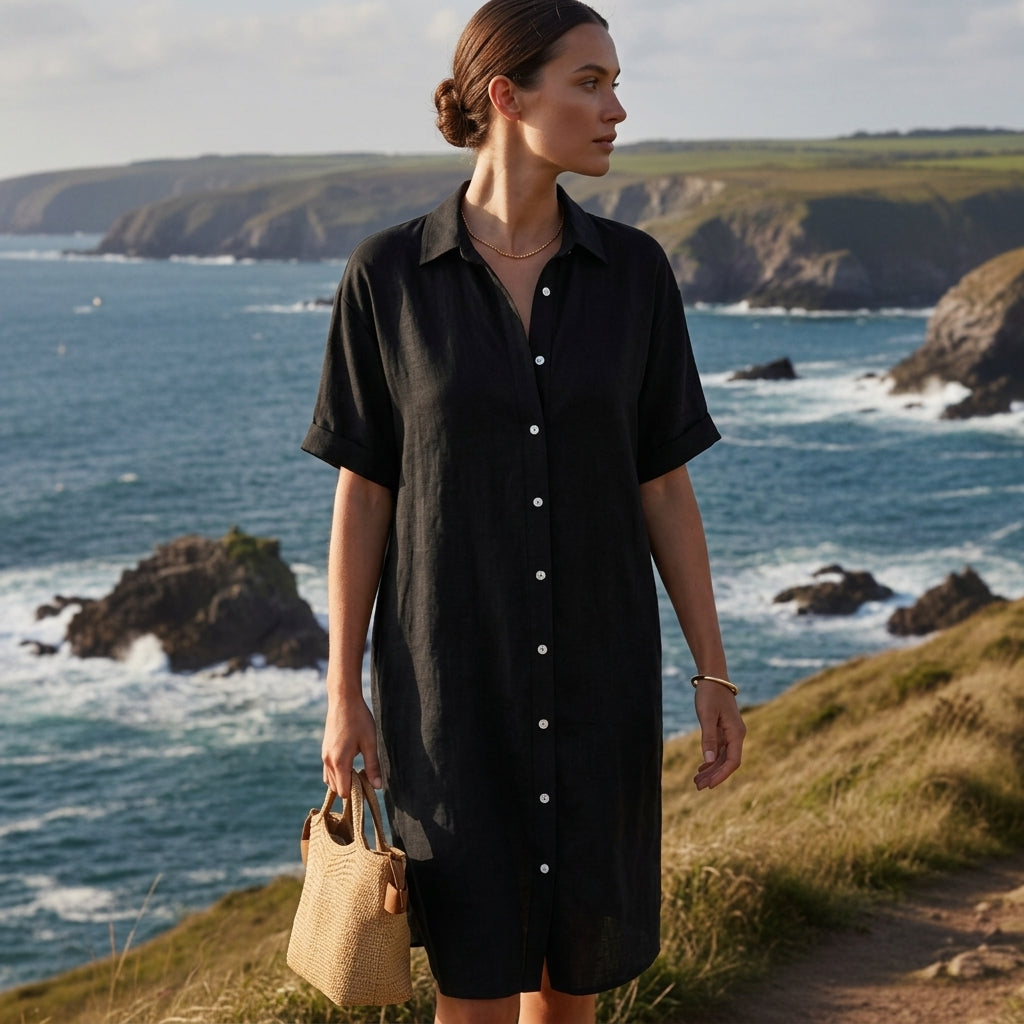 Women's Cotton Blend Button-Down Shirt Dress Relaxed Fit – Elara