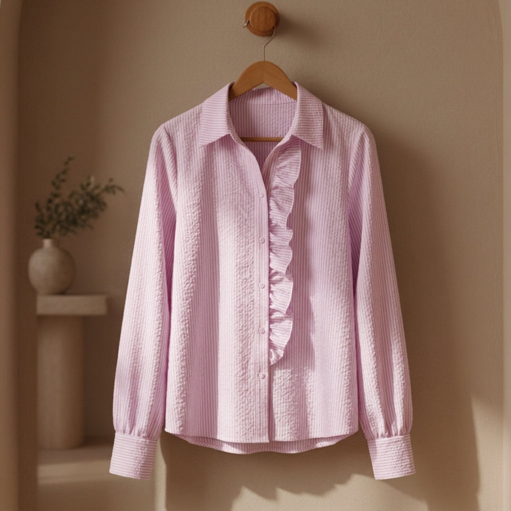 Women's Striped Cotton Blend Blouse with Ruffles – Camille