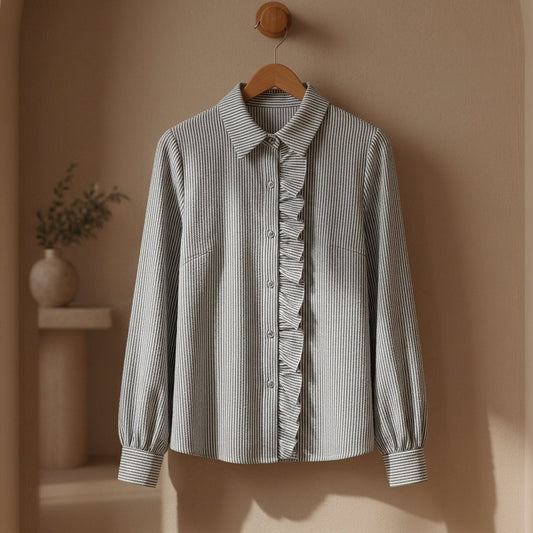 Women's Striped Cotton Blend Blouse with Ruffles – Camille