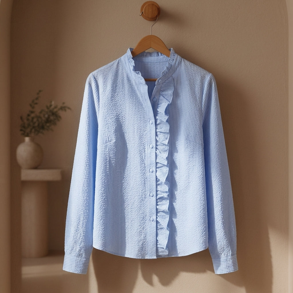 Women's Striped Cotton Blend Blouse with Ruffles – Camille