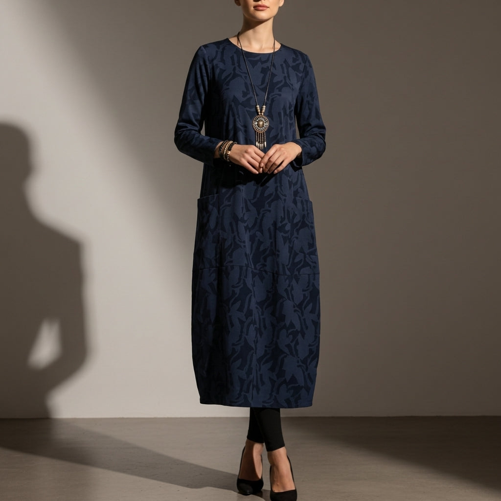 Women's Cotton Blend Long Sleeve Midi Dress With Pockets – Elara