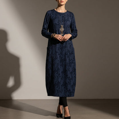 Women's Cotton Blend Long Sleeve Midi Dress With Pockets – Elara