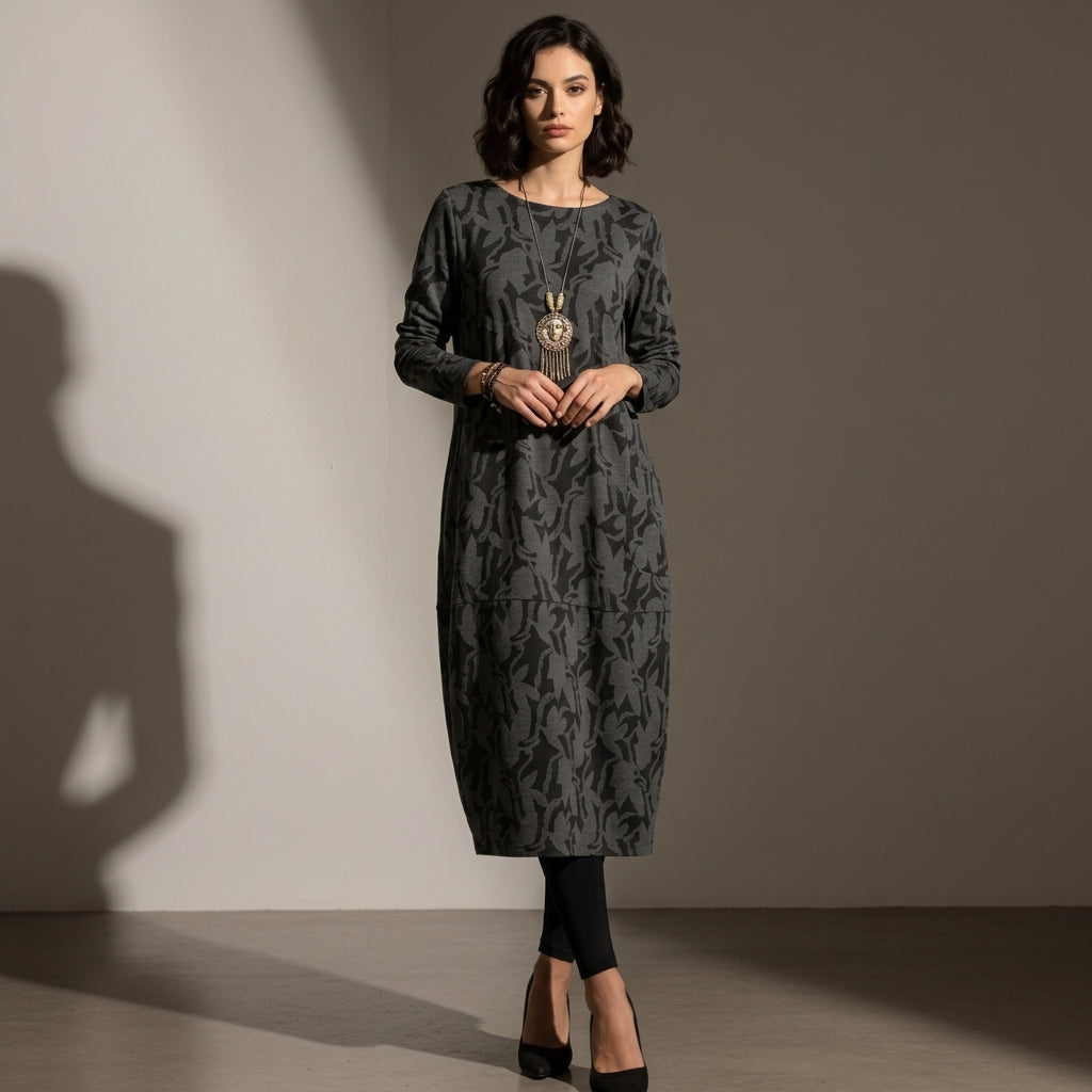 Women's Cotton Blend Long Sleeve Midi Dress With Pockets – Elara