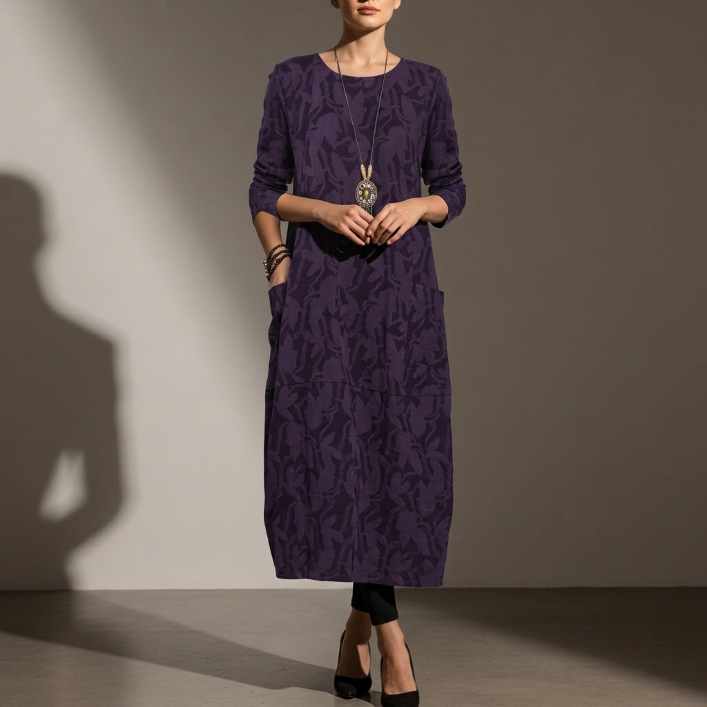 Women's Cotton Blend Long Sleeve Midi Dress With Pockets – Elara
