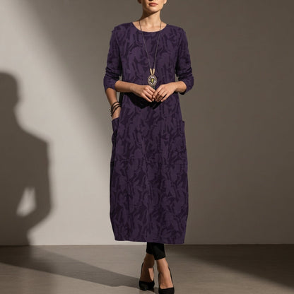 Women's Cotton Blend Long Sleeve Midi Dress With Pockets – Elara