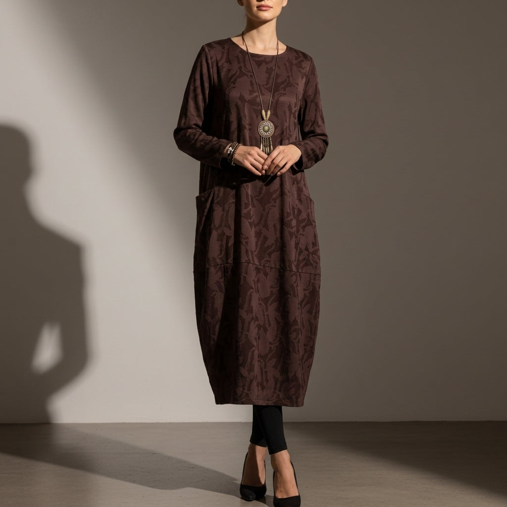 Women's Cotton Blend Long Sleeve Midi Dress With Pockets – Elara